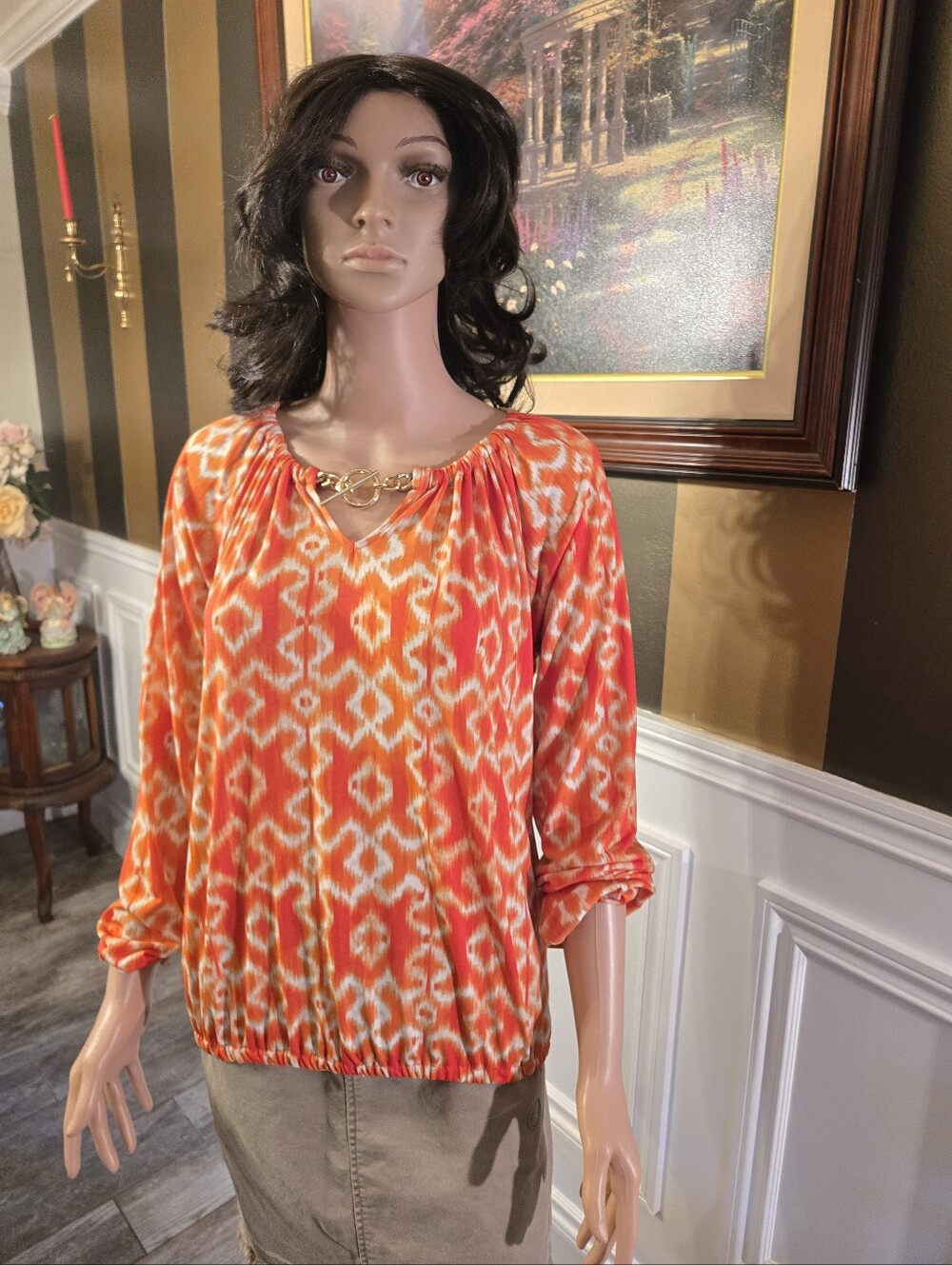 Michael Kors Orange Ikat-Print Chain-Neck Blouse Y2k